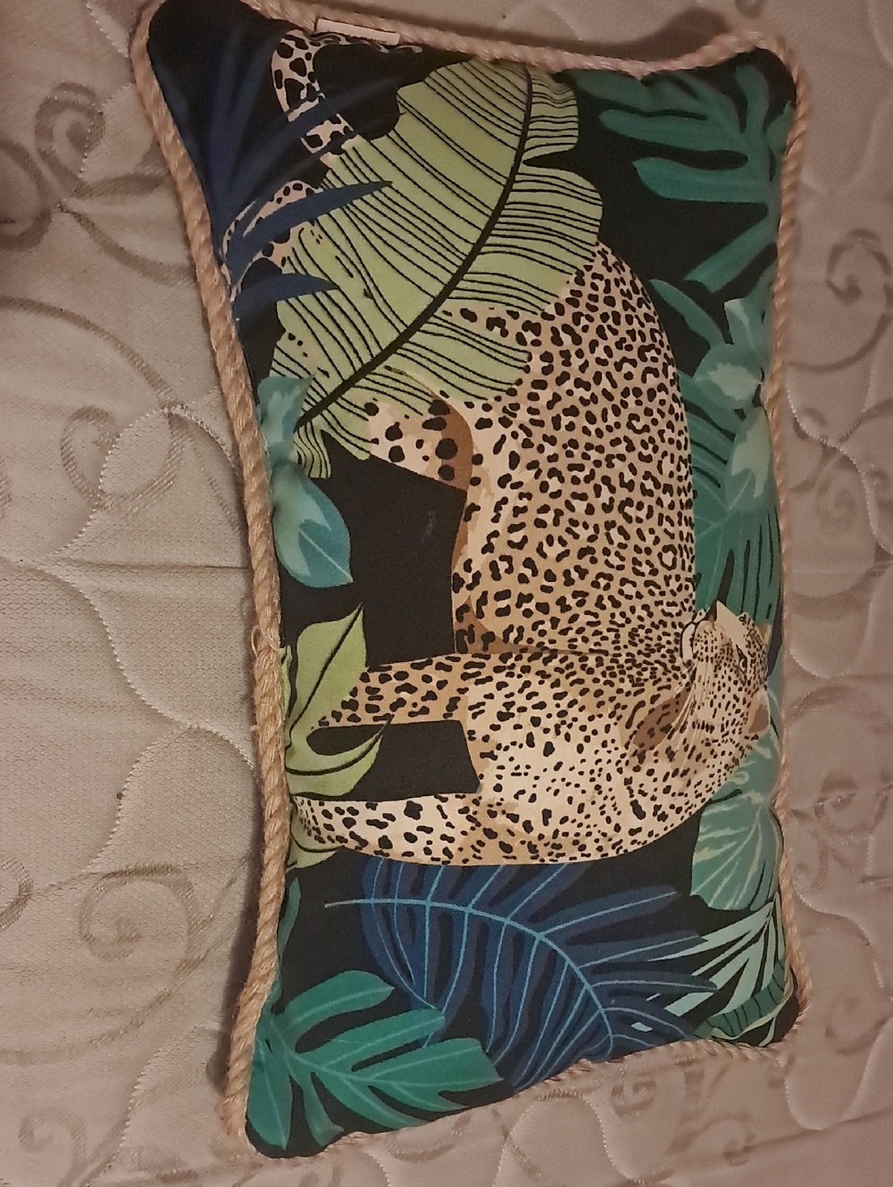 Tropical Leopard Printed Decorative Pillow with Rope Trim